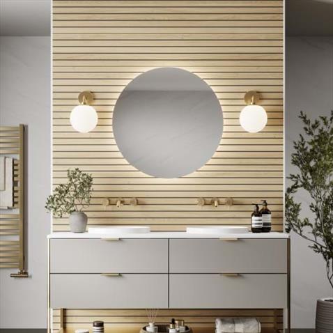 Wooden Slat Wall Panel Behind Vanity Unit