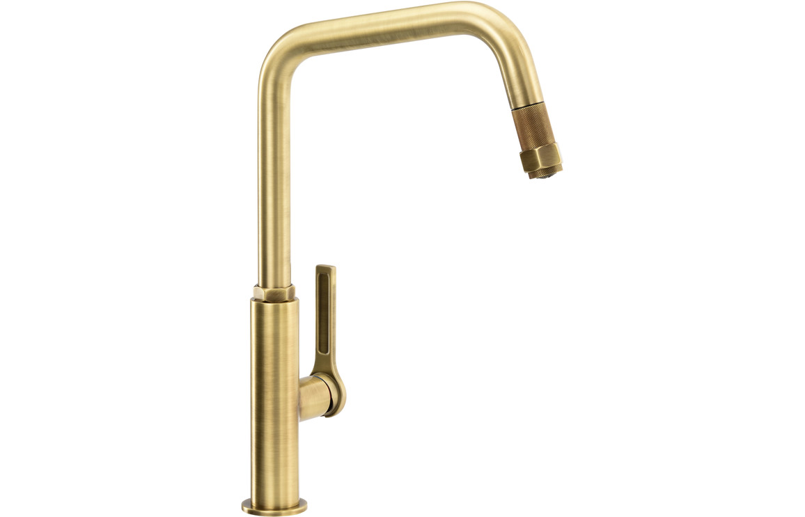 Abode Hex Single Lever Kitchen Mixer Tap w/Pull Out - Antique Brass