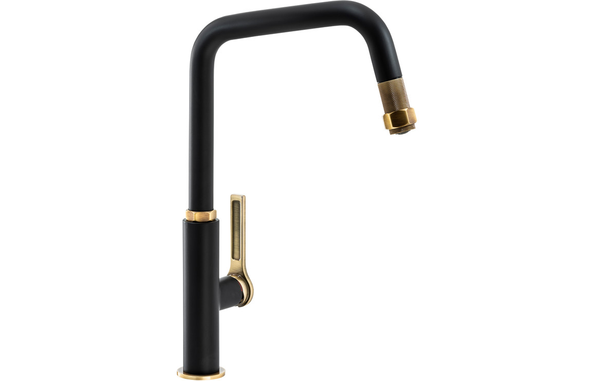 Abode Hex Single Lever Kitchen Mixer Tap w/Pull Out - Antique Brass & Matt Black