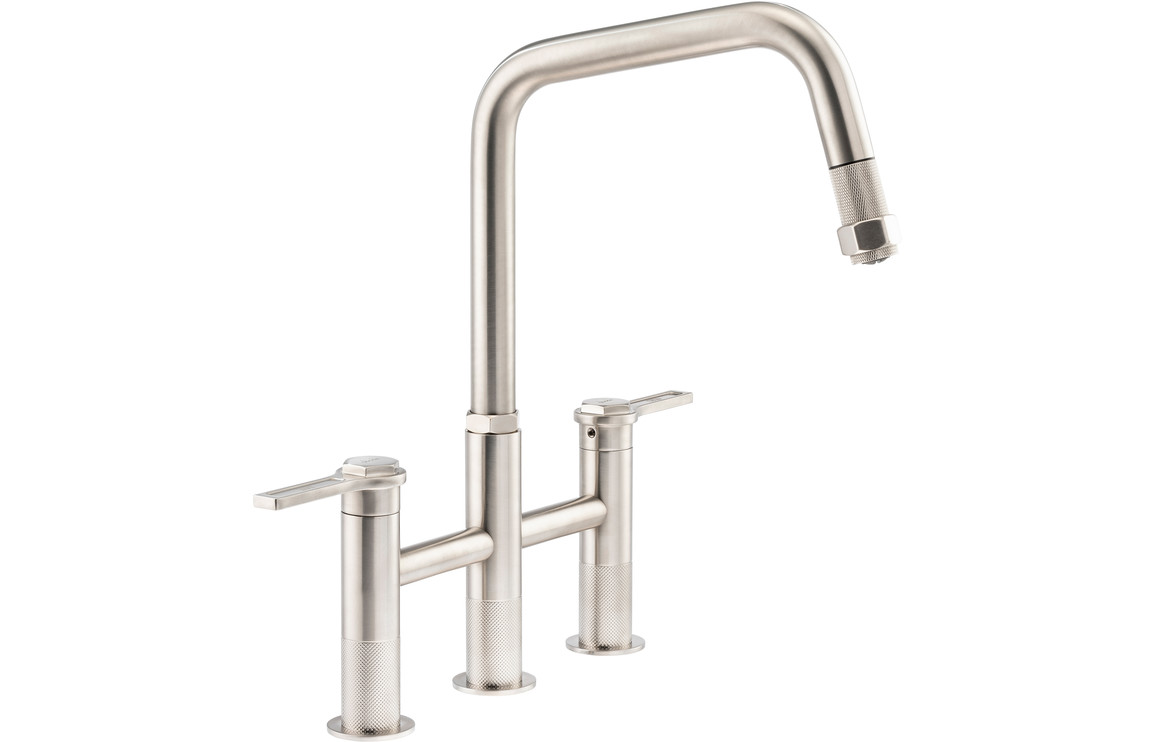 Abode Hex Bridge Dual Lever Kitchen Mixer Tap w/Pull Out - Brushed Nickel