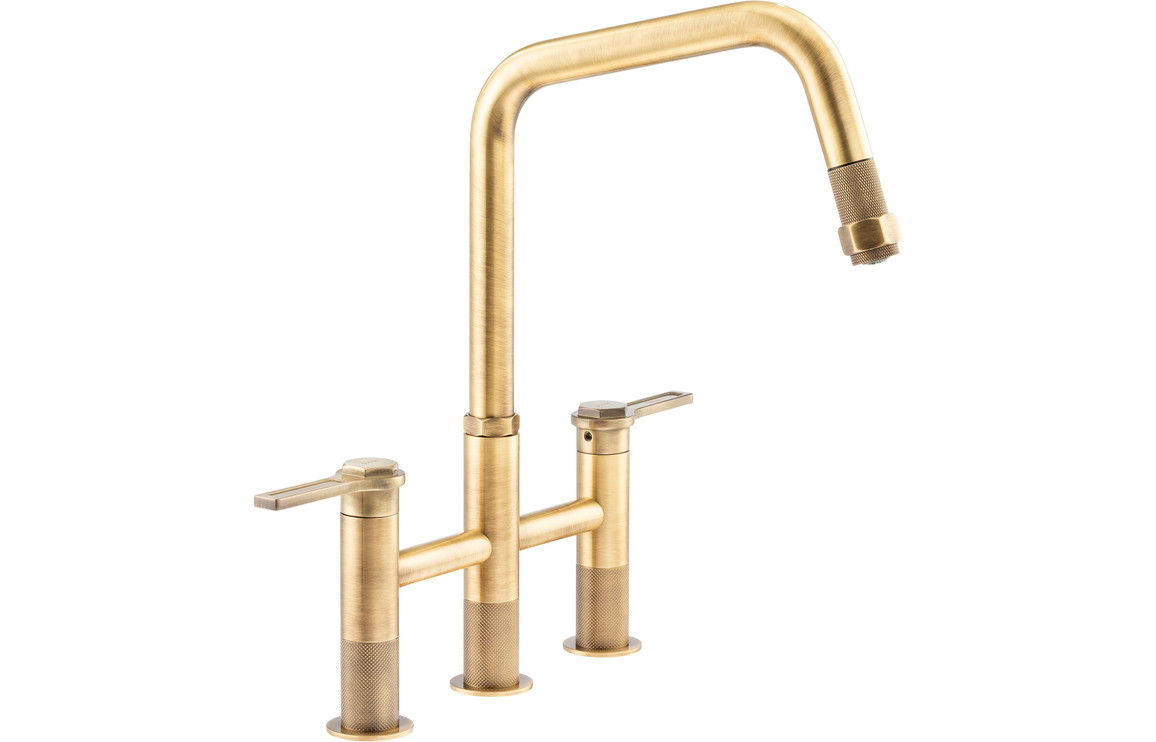 Abode Hex Bridge Dual Lever Kitchen Mixer Tap w/Pull Out - Antique Brass