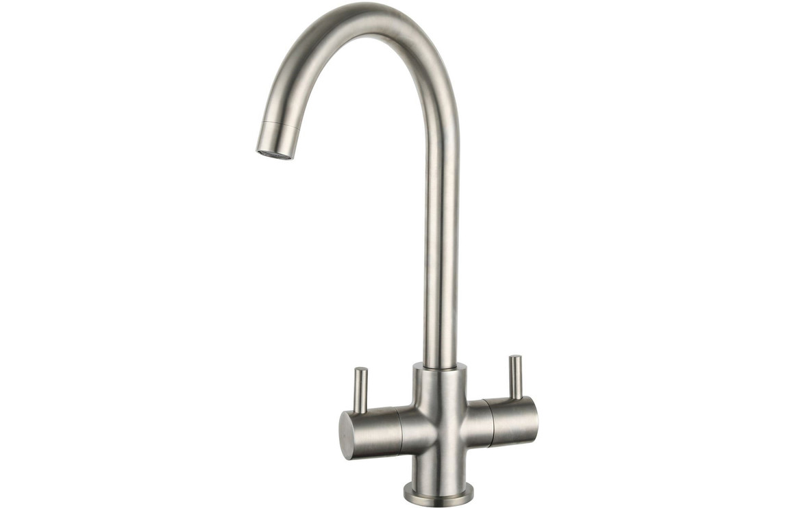 Prima Staten Swan Neck Dual Lever Kitchen Mixer Tap - Brushed Steel