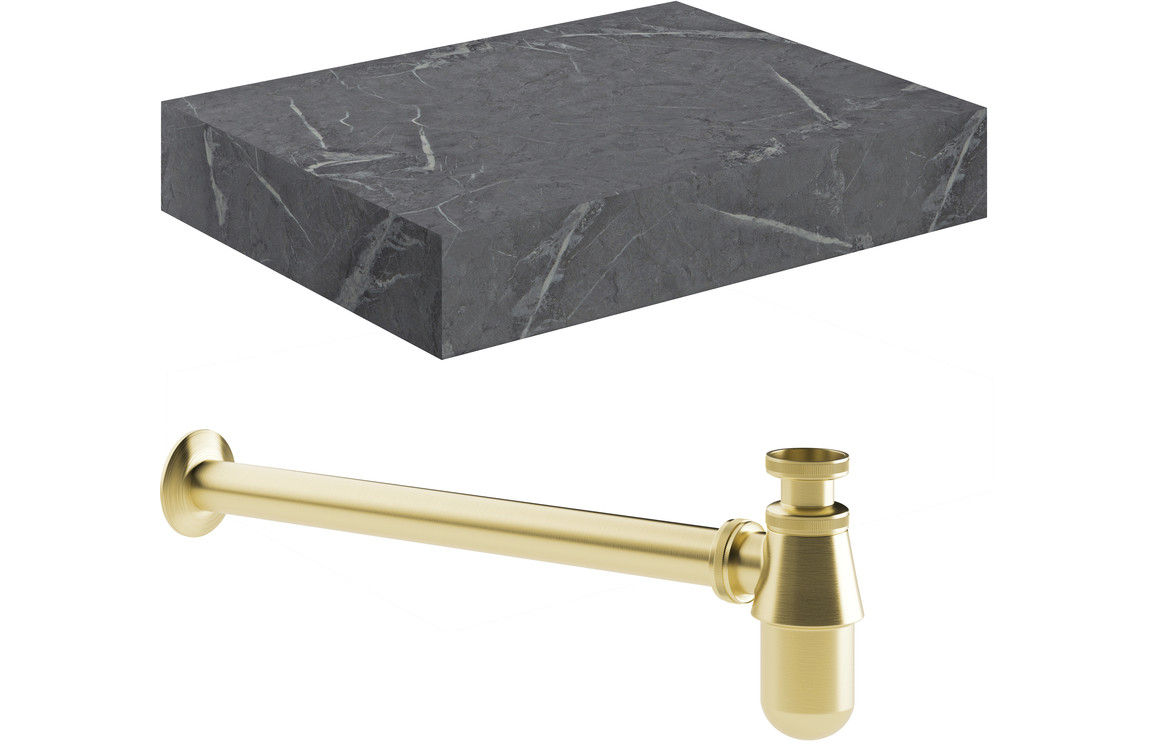 Carvern 600mm Wall Hung Grey Marble Basin Shelf & Brushed Brass Bottle Trap