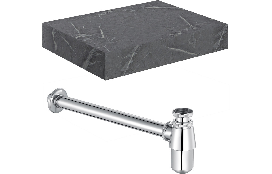 Carvern 600mm Wall Hung Grey Marble Basin Shelf & Chrome Bottle Trap