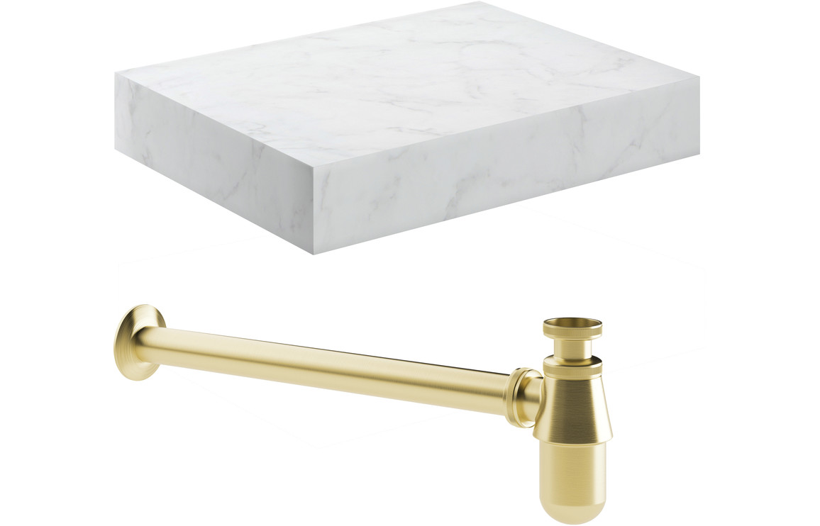 Carvern 600mm Wall Hung White Marble Basin Shelf & Brushed Brass Bottle Trap