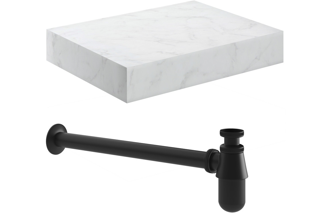 Carvern 600mm Wall Hung White Marble Basin Shelf & Black Bottle Trap