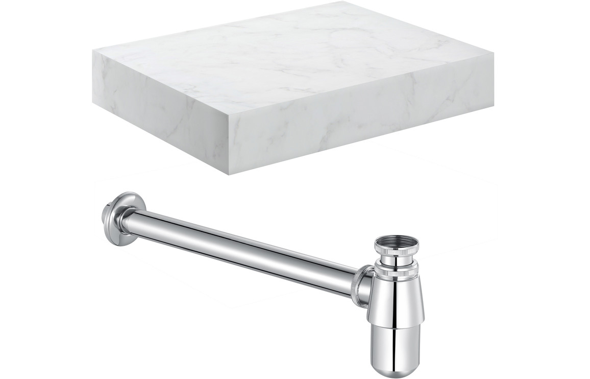 Carvern 600mm Wall Hung White Marble Basin Shelf & Chrome Bottle Trap