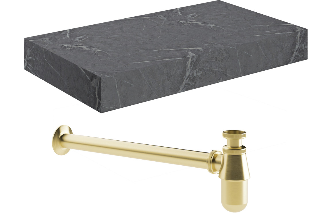 Carvern 800mm Wall Hung Grey Marble Basin Shelf & Brushed Brass Bottle Trap