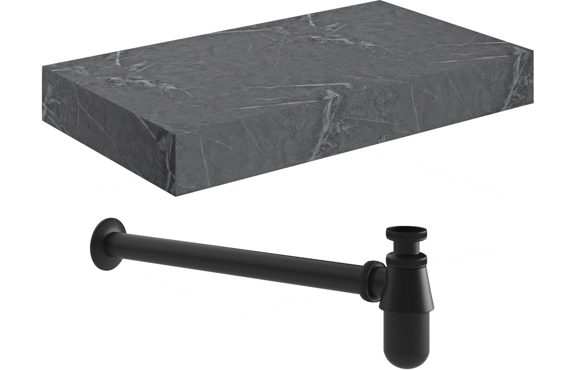 Carvern 800mm Wall Hung Grey Marble Basin Shelf & Black Bottle Trap