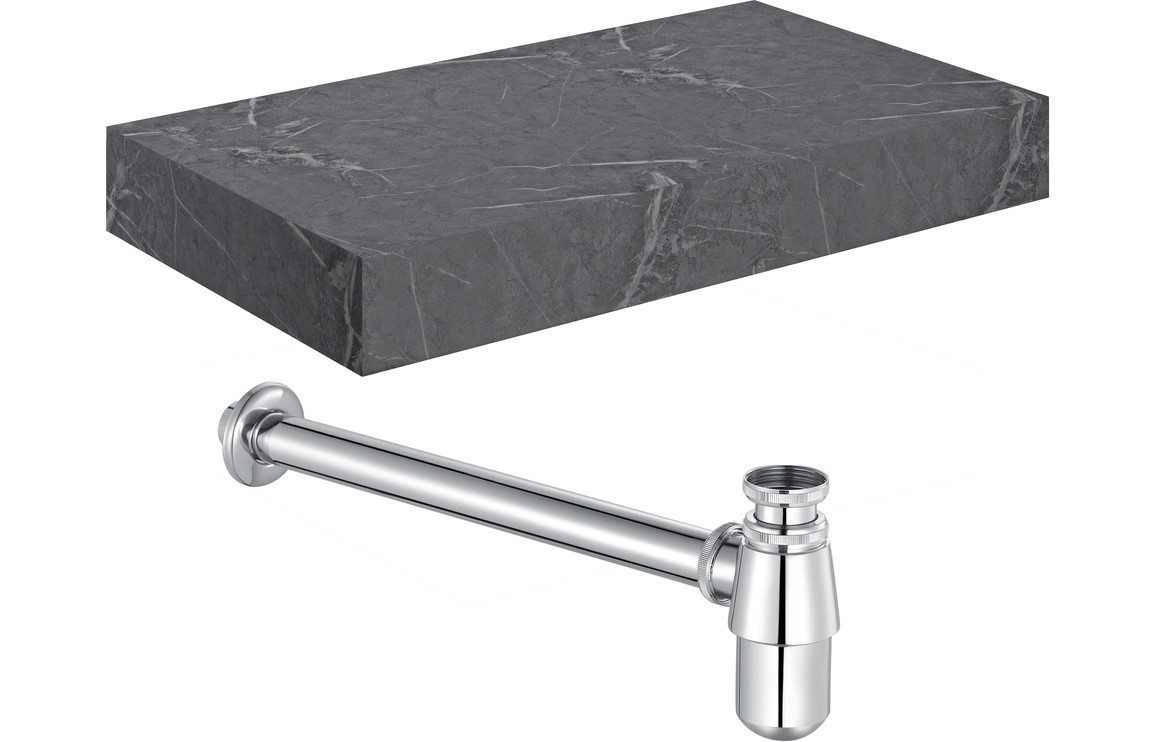 Carvern 800mm Wall Hung Grey Marble Basin Shelf & Chrome Bottle Trap