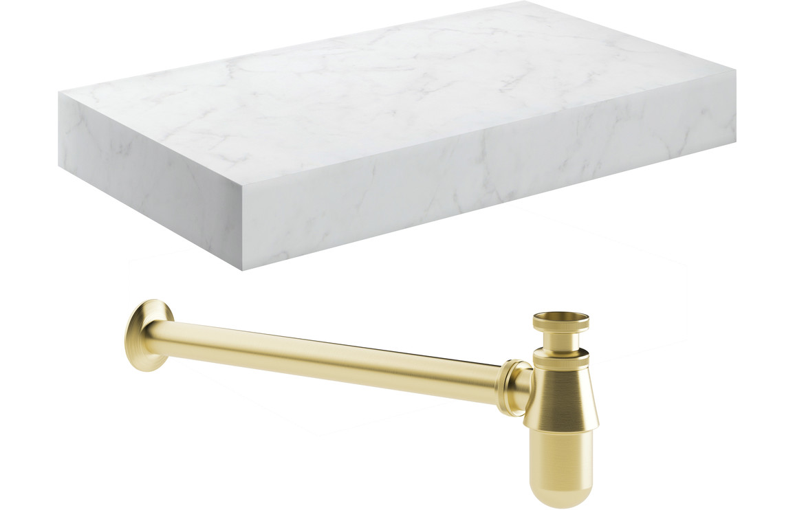 Carvern 800mm Wall Hung White Marble Basin Shelf & Brushed Brass Bottle Trap