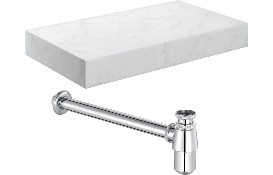 Carvern 800mm Wall Hung White Marble Basin Shelf & Chrome Bottle Trap